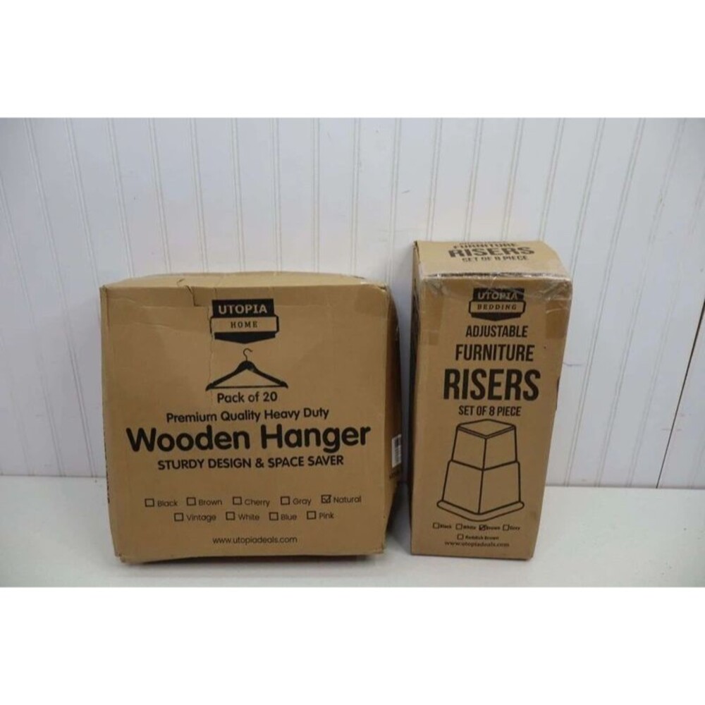 NEW, Unopened, Wooden Hangers and Bed Risers